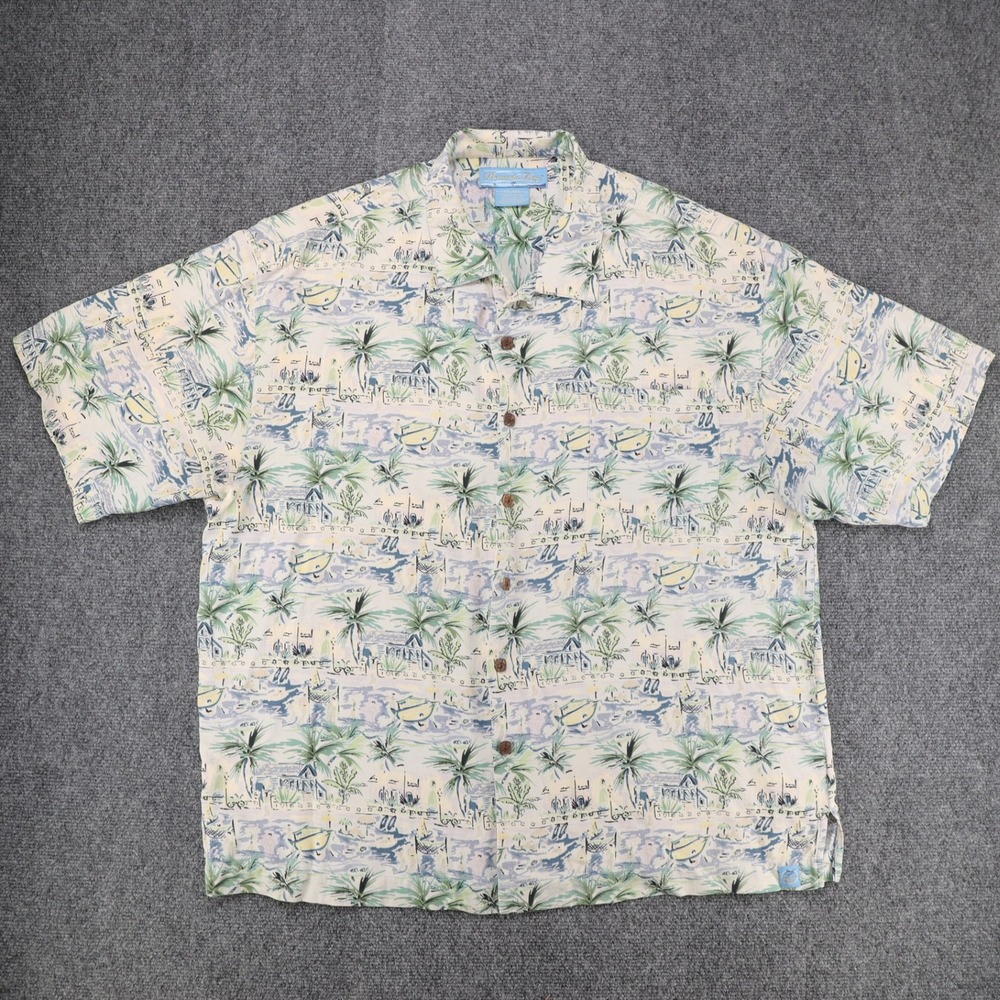Bermuda Bay Mens XXL Silk Hawaiian Shirt Tropical Island Print Cream Blue‎ Short